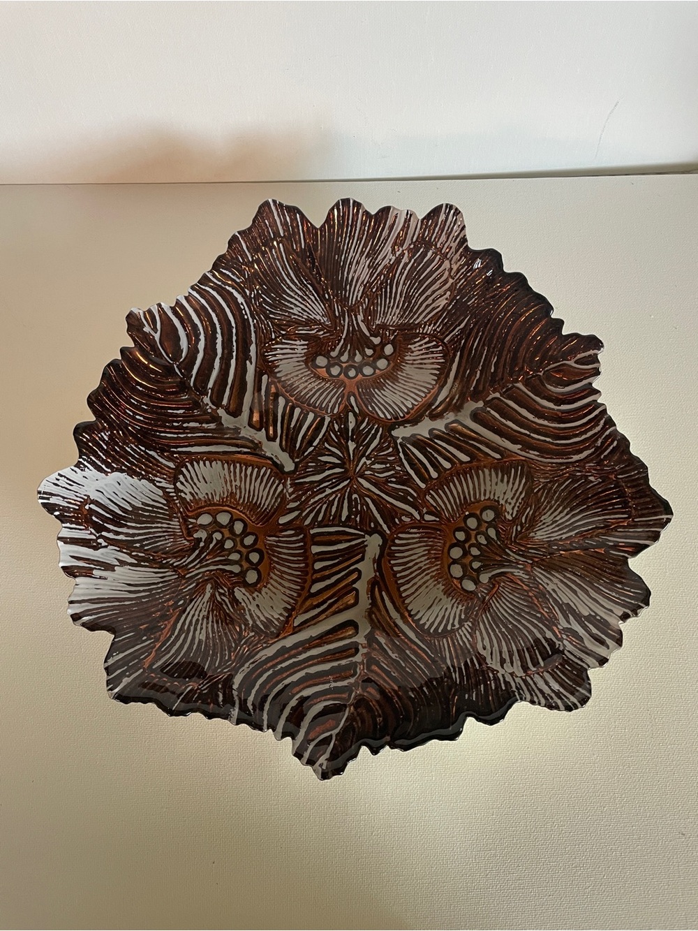 Decorative Brown Shimmer Metallic Floral Glass Art Plate Candy Dish Platter Home